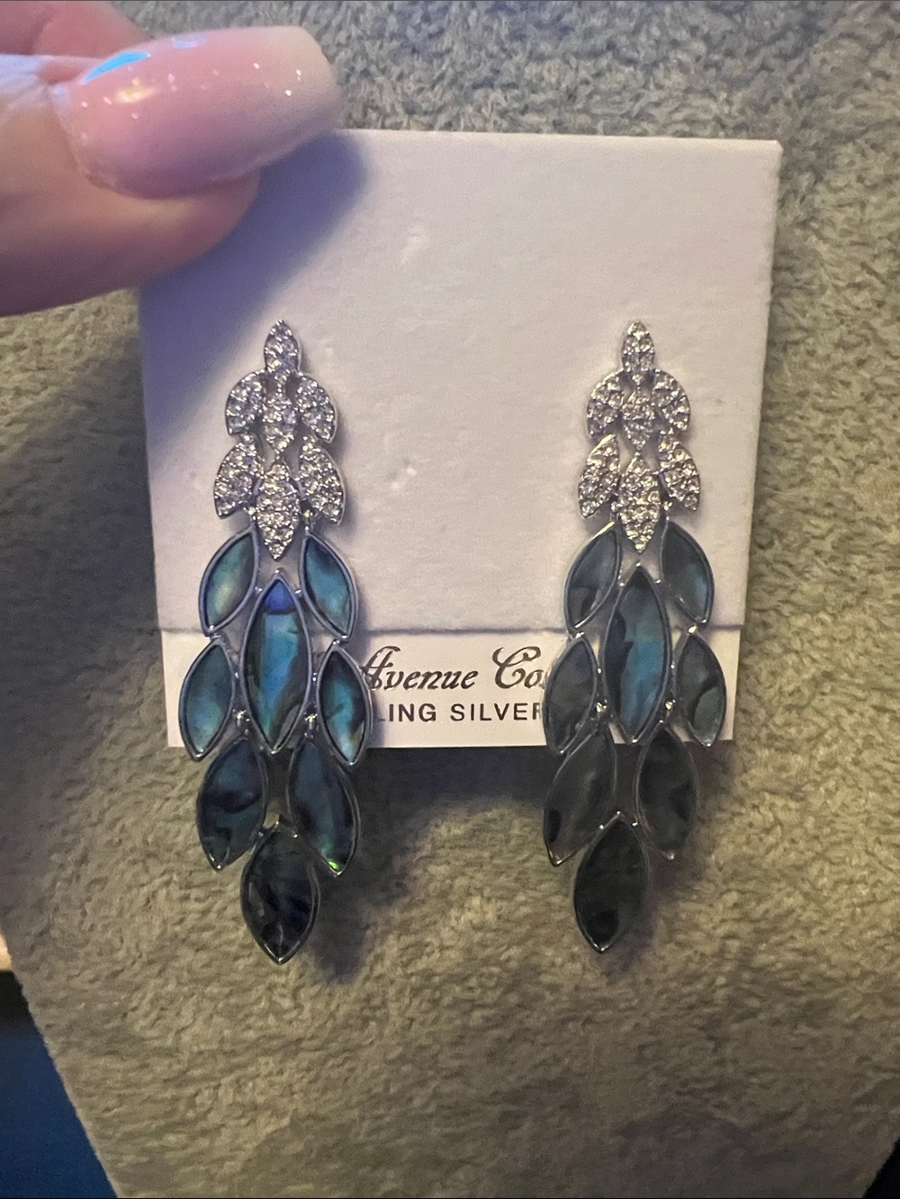 Silver Drop Earrings with Blue Green Abalone Petal Accents